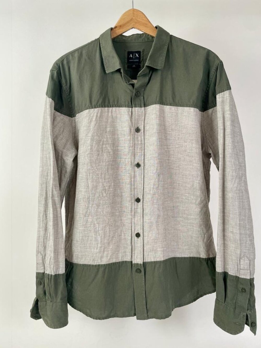 A/X Armani Exchange Linen Cotton Colourblock Button Up Shirt, Size Large